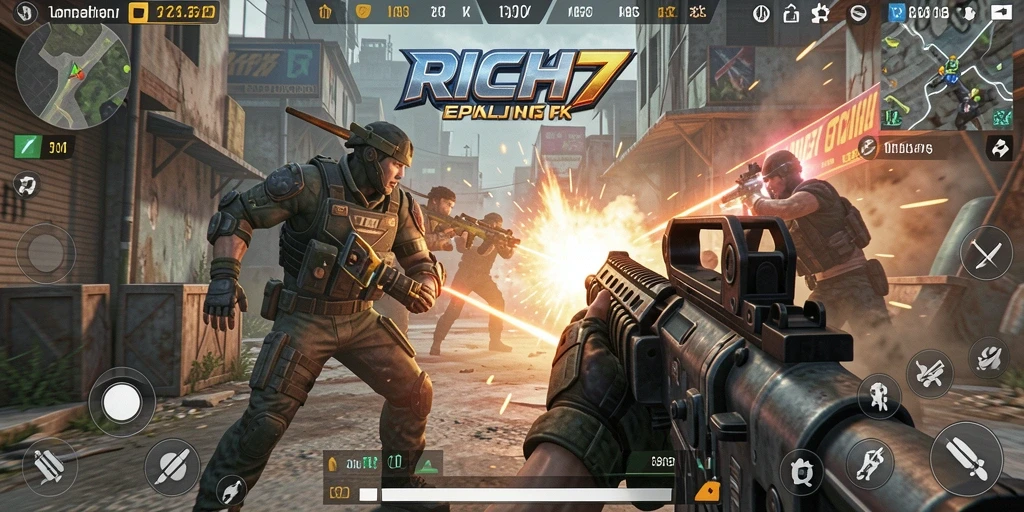 Tangkapan layar gameplay RICH7 menampilkan aksi tembak-menembak yang seru.